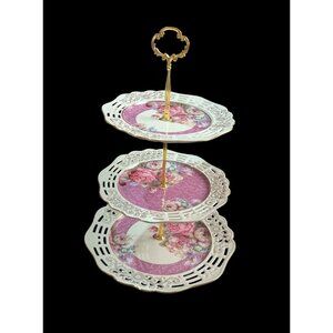 Rosette 3 Tier Cake‎ Stand With Gold Handle  Floral Porcelain Plates Pink Roses